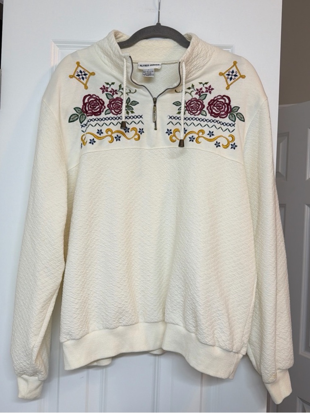 Alfred Dunner Cream Half-Zip Pullover with Rose & Gold Embroidery